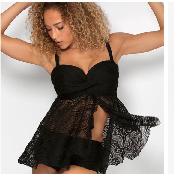 Smart & sexy 38DDD black lace tankini swimsuit - Picture 4 of 7